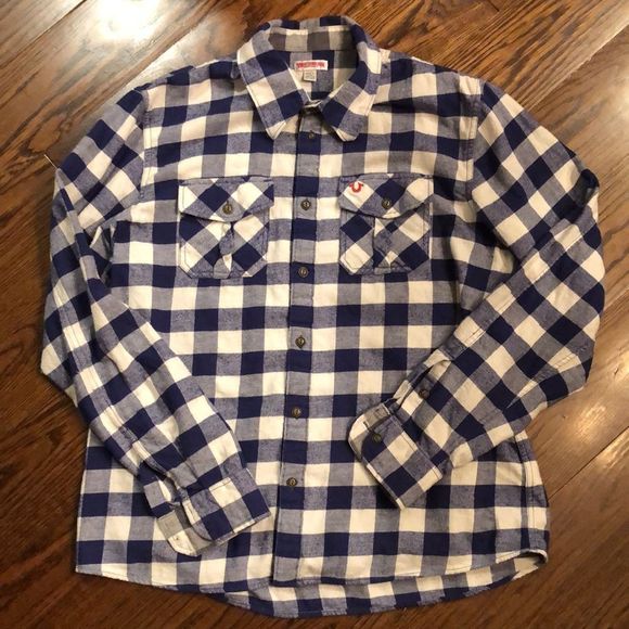 TRUE RELIGION Fleece Long Sleeve Navy White Plaid Western Button Down Shirt XL - Picture 3 of 12